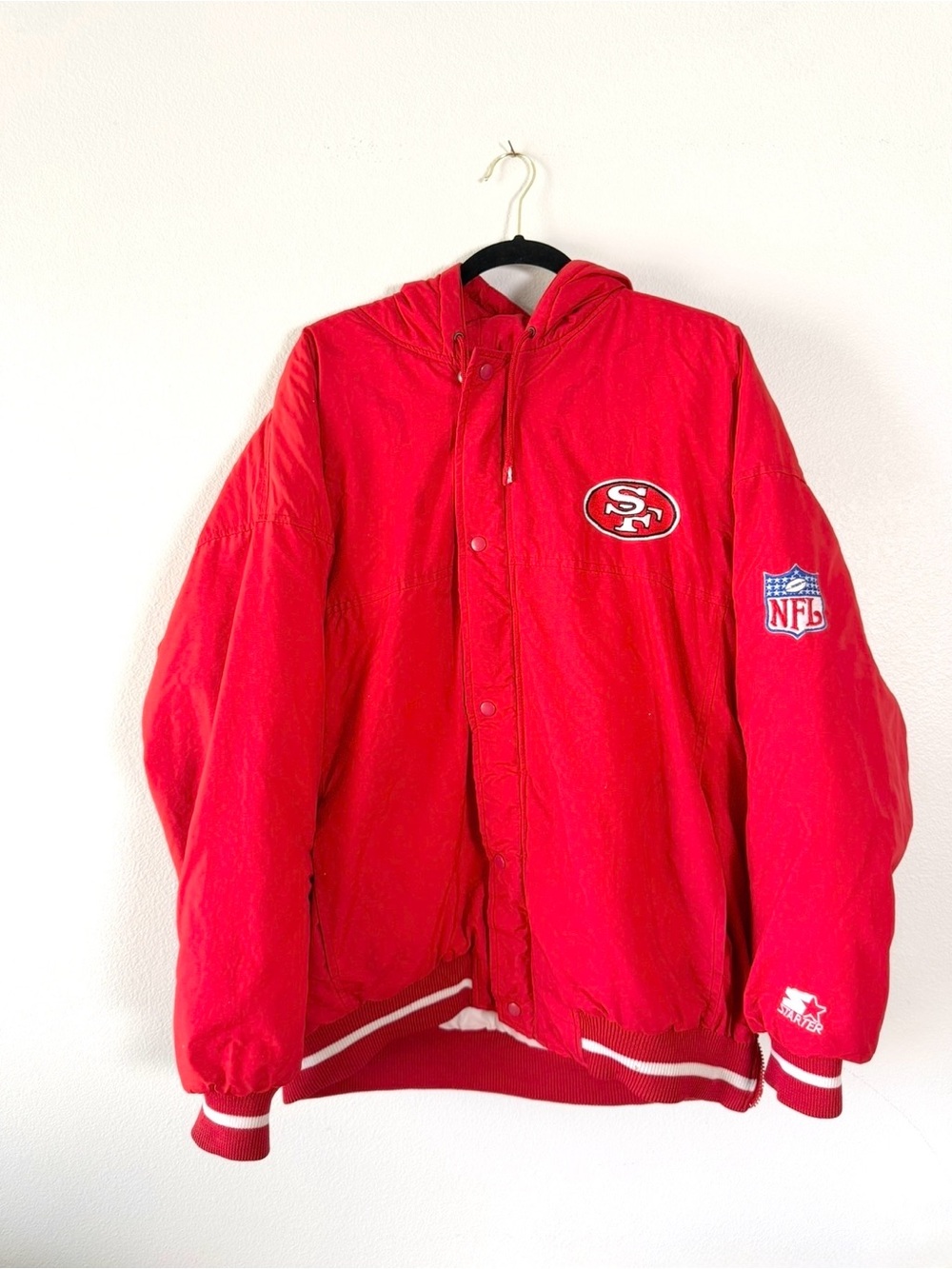Vintage 90s STARTER San Francisco 49ers Hooded Bomber Jacket XL